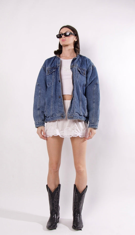 VINTAGE LEATHER COLLAR DENIM JACKET