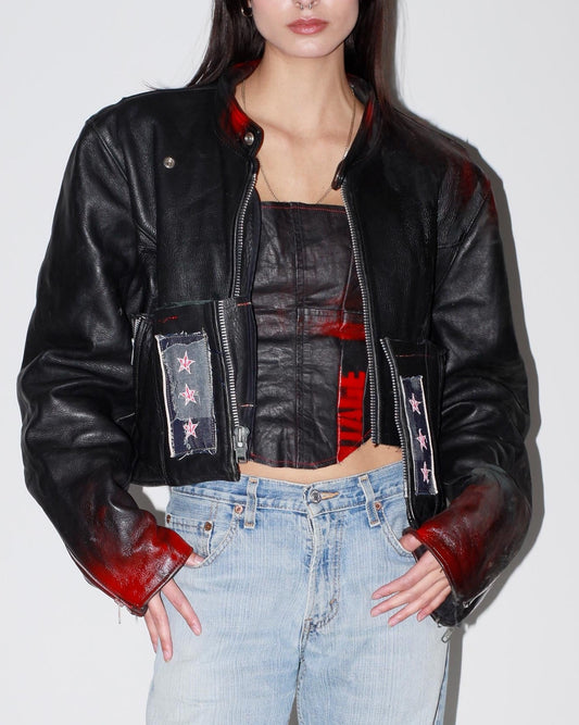 Leather star patch jacket