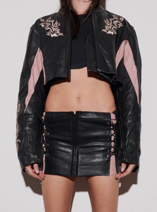 BLACK & PINK LEATHER LACE UP MOTO SET