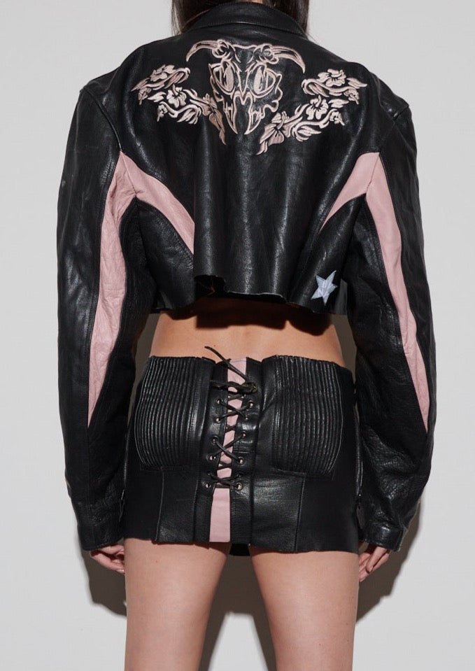 BLACK & PINK LEATHER LACE UP MOTO SET