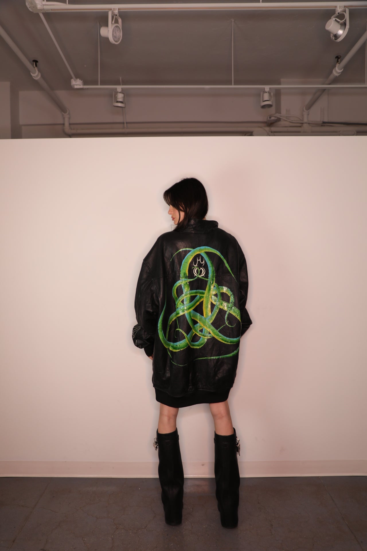 GREEN PAINT LEATHER JACKET